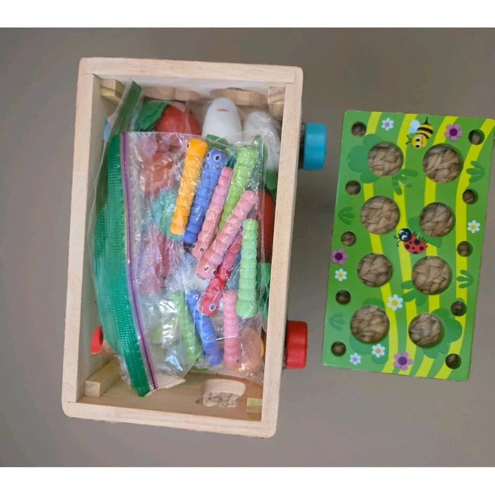 Montessori Wooden Toy Set – Carrot & Worm Sorting Game + Wooden Fruits & Veggies